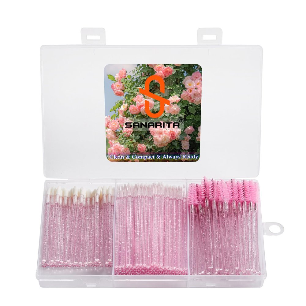200PCS Disposable Eyelash Extension Kit with Case  Lash Spoolie Brushes, Micro Swabs, Mascara Wands, Lip Brushes for Eyelash Extensions, Tattoo, Lipstick Application(Crystal Pink)