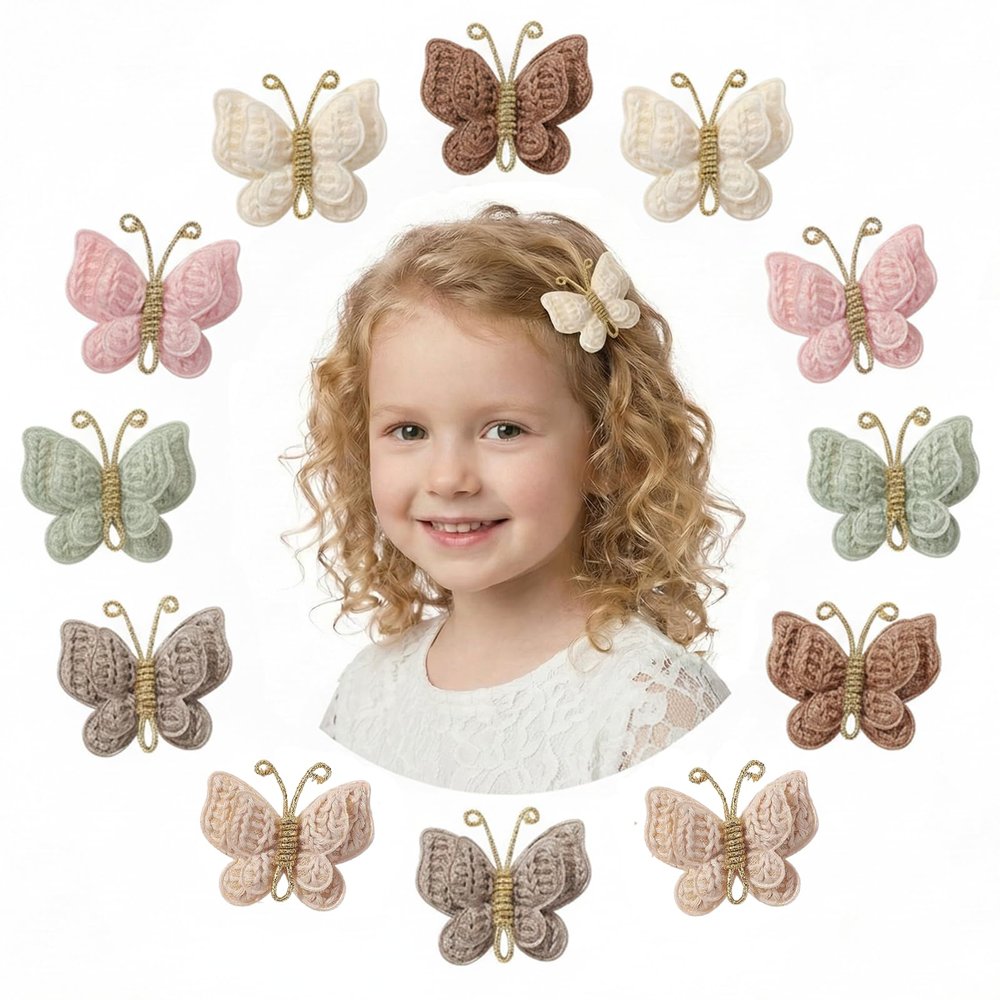 12 Pcs Butterfly Hair Bow Girl, Beige Kid's Cute Hair Clips Barrettes Accessories for Infants Toddlers Baby Kids Fine Hair