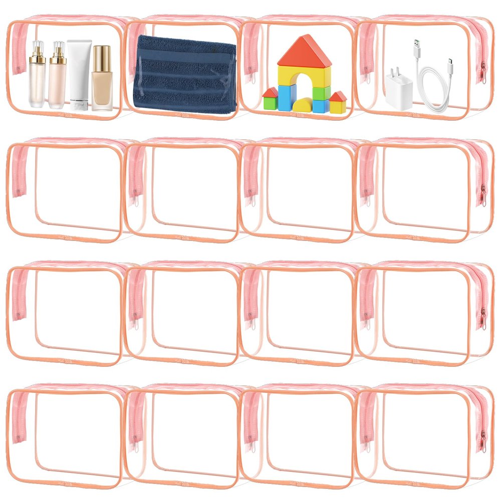 16 Pcs Clear Makeup Bags Bulk, Zipper Clear Toiletry Bags PVC Waterproof Cosmetic Bag Bulk for Women Men Organizing Toiletries Traveling Bathroom(Medium,Pink)