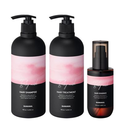 BANANAL Perfumed Hair Care Trio  Shampoo, Treatment & Essence  Damage Repair, Frizz Control & Shine  Botanical Oils, Keratin & Amino Acids  Korean Hair Scalp, Baby Musk 16.9 fl oz 2 + 3.38 fl oz