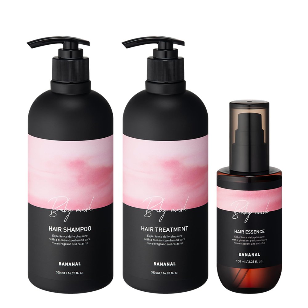 BANANAL Perfumed Hair Care Trio  Shampoo, Treatment & Essence  Damage Repair, Frizz Control & Shine  Botanical Oils, Keratin & Amino Acids  Korean Hair Scalp, Baby Musk 16.9 fl oz 2 + 3.38 fl oz