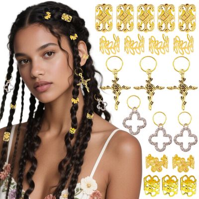 106 PCS Gold Hair Jewelry Clips The Flower Themed for Braids Cuffs Loc Charms Hair Accessories Rings Pendant Metal Jewelry Decoration