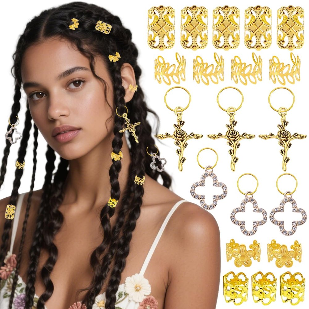 106 PCS Gold Hair Jewelry Clips The Flower Themed for Braids Cuffs Loc Charms Hair Accessories Rings Pendant Metal Jewelry Decoration