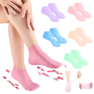 5 Pairs Silicone Socks for Dry Cracked Feet, Women's Foot Socks for Moisturizing, Cracked Heel Treatment (5 Colors Assorted, Fits Up to Size 11)(M)