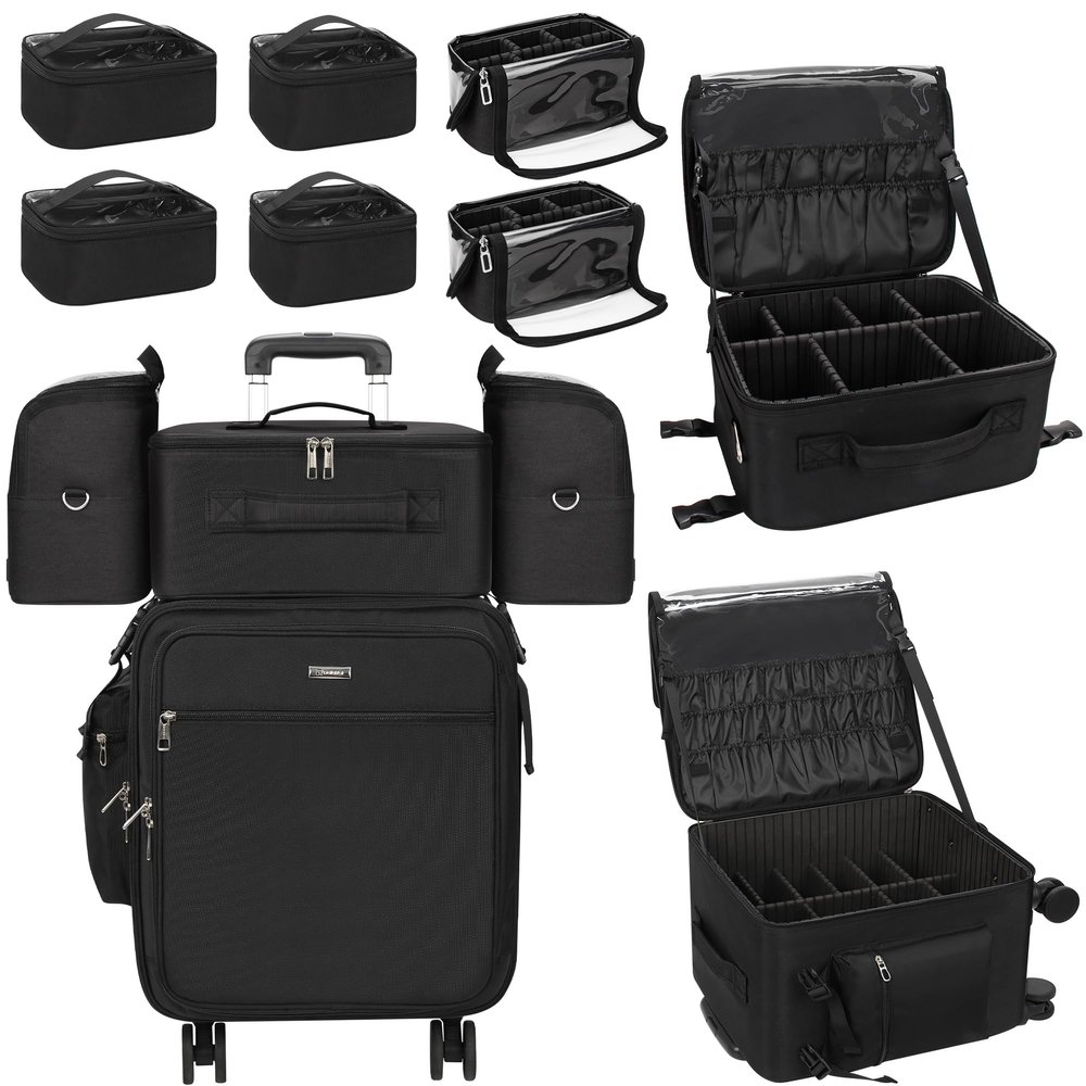 Relavel Rolling Makeup Case Professional Makeup Train Case,Makeup Artist Travel Bag with Wheels,8-in-1 Portable Travel Beauty Trolley Case for Cosmetology Storage(Black)