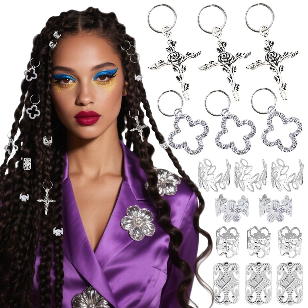 106 PCS Silver Hair Jewelry Clips The Flower Themed for Braids Cuffs Loc Charms Hair Accessories Rings Pendant Metal Jewelry Decoration