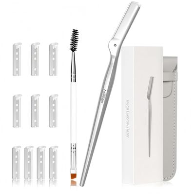 LuottsCare Stainless Steel Eyebrow Razor - Face Razors with Travel Cover & 10 Refill Blades, Eyebrow Brush - Help Exfoliate and Smooth Skin for Eyebrow, Leg, BIKINI, Facial, Beard Remove - L