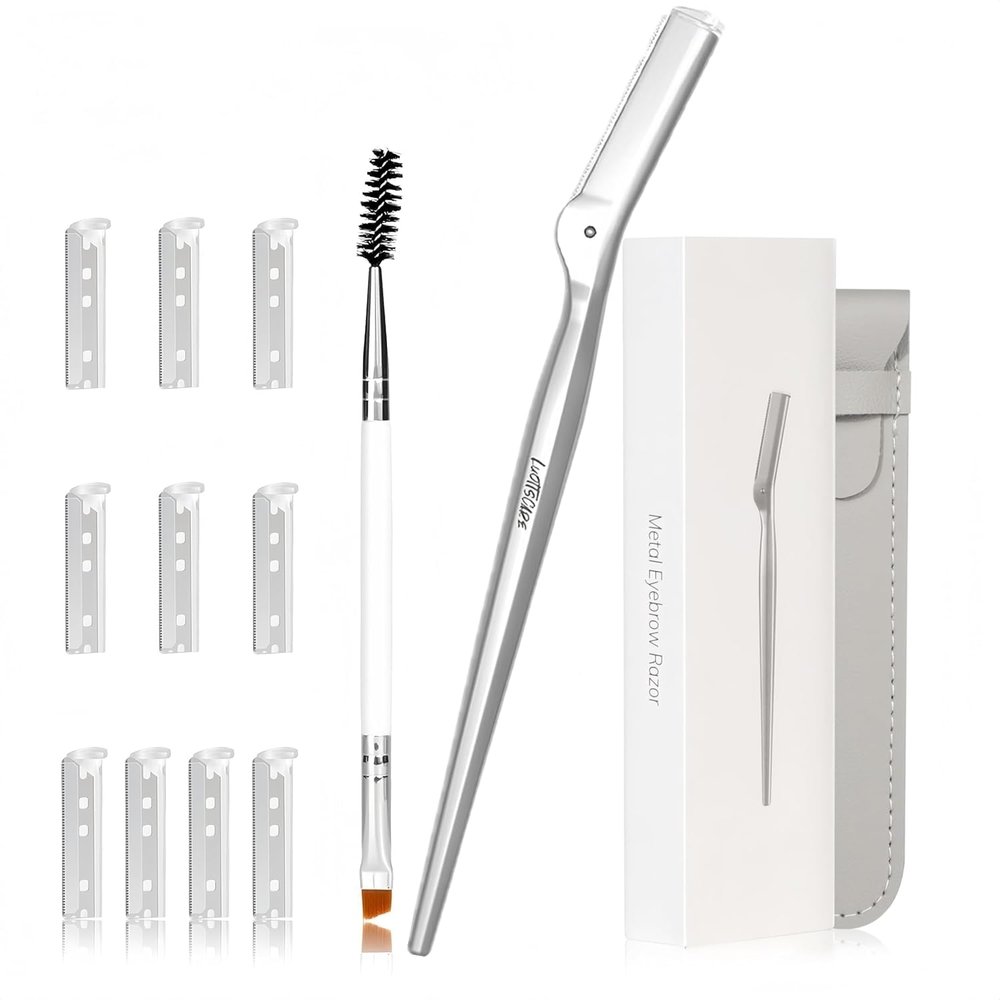 LuottsCare Stainless Steel Eyebrow Razor - Face Razors with Travel Cover & 10 Refill Blades, Eyebrow Brush - Help Exfoliate and Smooth Skin for Eyebrow, Leg, BIKINI, Facial, Beard Remove - L
