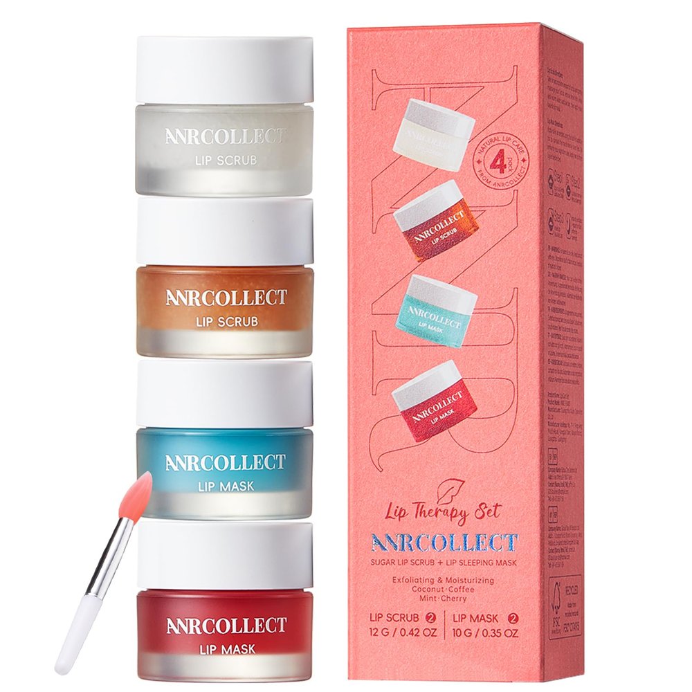ANRCOLLECT Lip Scrub and Lip Mask Set- Lip Treatment Care Kit with 2 Lip Exfoliator Scrub & 2 Lip Butter Mask, Intense Hydration Set for Dry Chapped Cracked Lips (4 Pack), Valentines Day Gifts