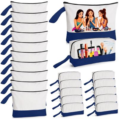 20 Pcs Canvas Makeup Bag with Bottom, 12oz Cotton Cosmetic Bag Set Bulk Multi-Purpose DIY Heat Transfer Makeup Bags with Black Zipper for Bridesmaid Makeup Bag Travel Toiletry Pouch Storage, Navy Blue