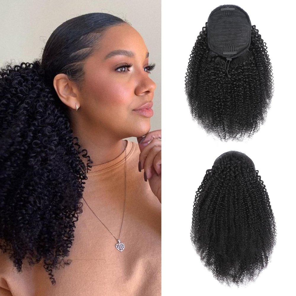 MAHKOTAKU Afro Kinky Curly Ponytail Human Hair 150% Density Brazilian Virgin Hair 4C Afro Puff Drawstring Ponytail Extension for Black Women Natural Color 24 Inch