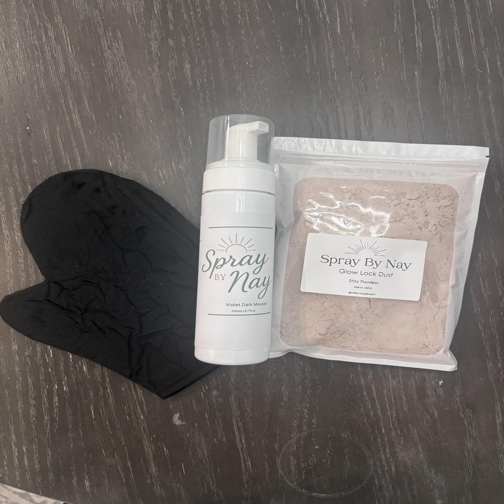 Spray by Nay Glow Trio Set, Violet Dark Mousse, Lock Dust and Tanning Mitt, Professional Tanning Kit