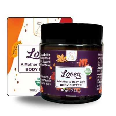 JB Lovey Mother & Baby Safe Body Butter Cream, Natural, Vegan & Non-Toxic With Organic Cocoa & Shea Butter, Pregnancy & Baby Safe, Ideal For Dry Skin, 100g / 3.52oz