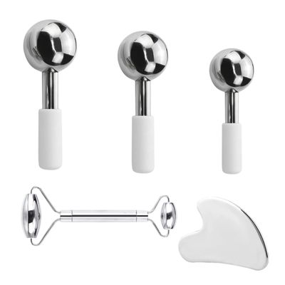 5pcs Stainless Steel Face Massager Tool Set Includes Ice Globes in 3 Different Size, Dual Ended Face Roller and Scraper for Women