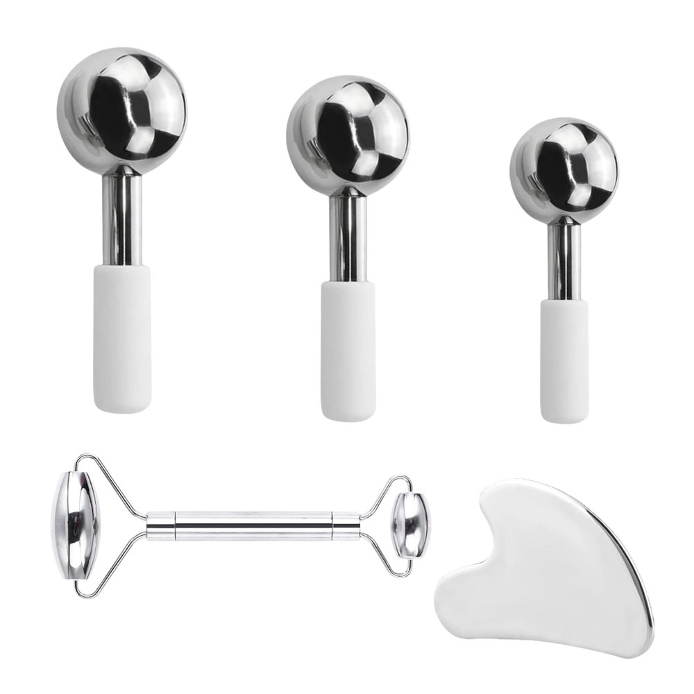 5pcs Stainless Steel Face Massager Tool Set Includes Ice Globes in 3 Different Size, Dual Ended Face Roller and Scraper for Women