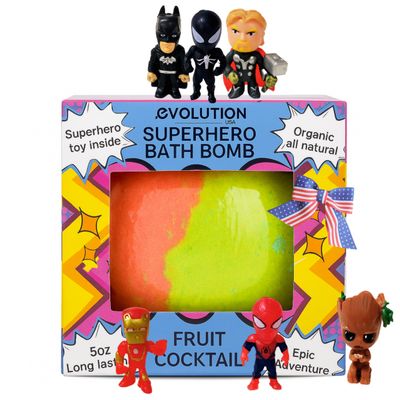 EvolutionUSA 1pc Epic Superhero Bath Bombs for Kids, Super Hero Bath Bomb with Toy Inside, Lush Children Bathbomb, Organic Bathbomb with Surprise Inside, Fizzy Fun Superhero Bath Ball Bath Toy