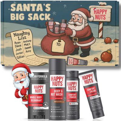 Happy Nuts Santas Big Sack - Funny Holiday Gift Box for Men - 4-in-1 Men's Care: Comfort Cream, Hydrating Body Wash, Whole Body Deodorant Stick, Anti-Chafing Powder - Hilarious Gift Basket for Him