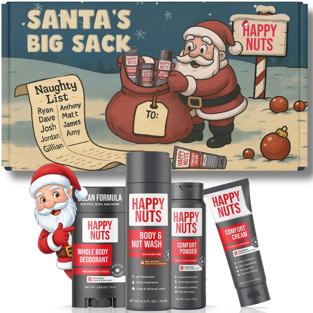 Happy Nuts Santas Big Sack - Funny Holiday Gift Box for Men - 4-in-1 Men's Care: Comfort Cream, Hydrating Body Wash, Whole Body Deodorant Stick, Anti-Chafing Powder - Hilarious Gift Basket for Him