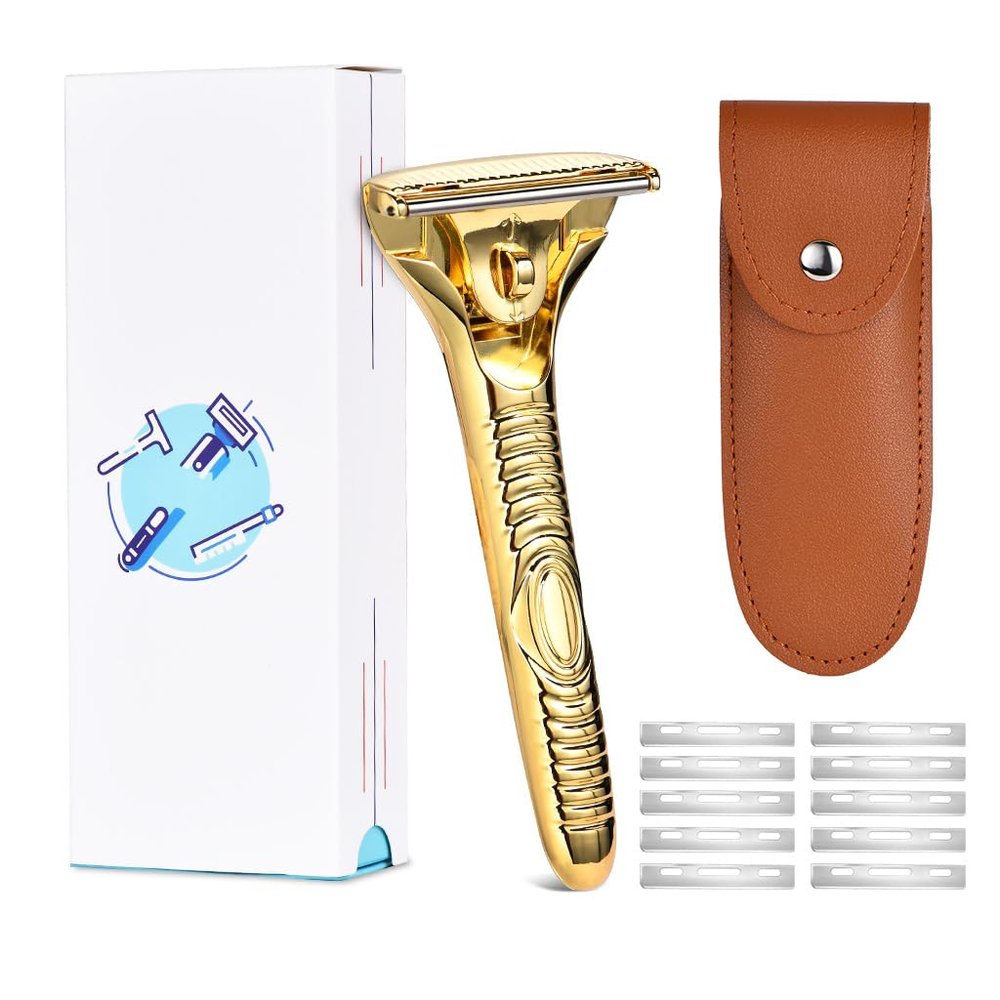 MYITKHT Single Blade Razors for Men and Women, Reusable Modular Safety Razor with Magnetic Head and Metal Non-Slip Grip, 10 Single Edge Razor Blades & Leather Case,Gold Roller