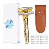 MYITKHT Single Blade Razors for Men and Women, Reusable Modular Safety Razor with Magnetic Head and Metal Non-Slip Grip, 10 Single Edge Razor Blades & Leather Case,Gold Roller view 2