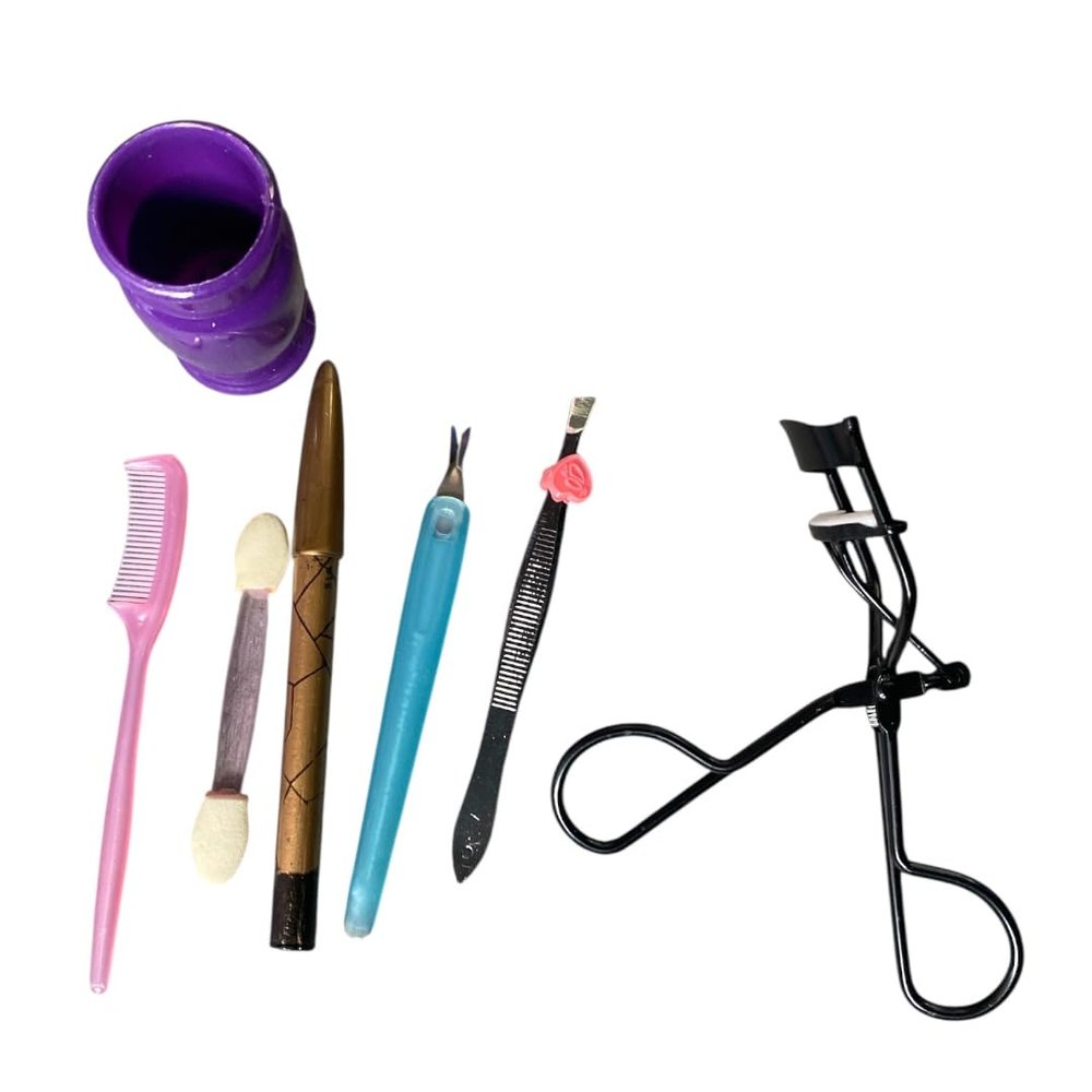 6-Piece Eyelash and Eyebrow Grooming Kit with Curler, Purple Holder, Tweezers, Comb and Brushes
