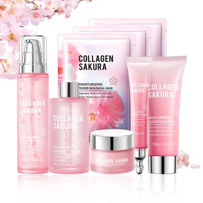 8PCS Sakura Skin Care Set,Hydrating Skincare Gift Set with Facial Cleanser,Face Masks,Facial Serum,Face Cream,Toner and Eye Cream,Deeply Moisturizing Facial Kit for Women and Girls
