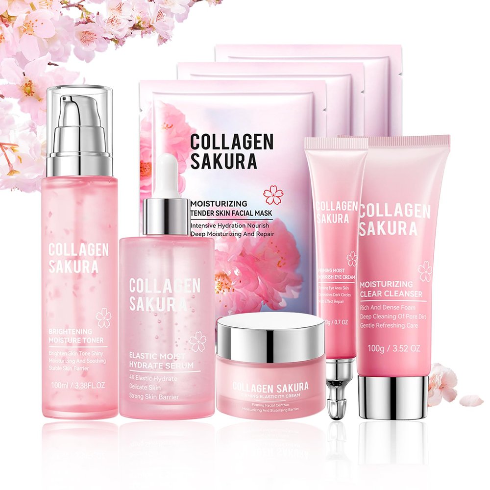8PCS Sakura Skin Care Set,Hydrating Skincare Gift Set with Facial Cleanser,Face Masks,Facial Serum,Face Cream,Toner and Eye Cream,Deeply Moisturizing Facial Kit for Women and Girls
