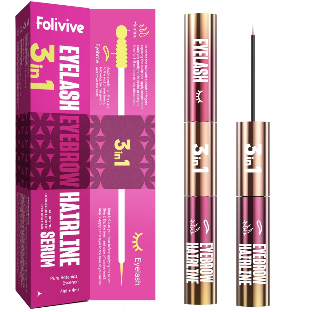 FOLIVIVE 3-in-1 Lash, Brow & Hairline Growth Serum  Eyelash & Eyebrow Growth Serum for Thicker Lashes, Fuller Brows & Hairline Boost  Natural Lash Enhancer for Women & Men  Vegan, Cruelty-Free(8ml)