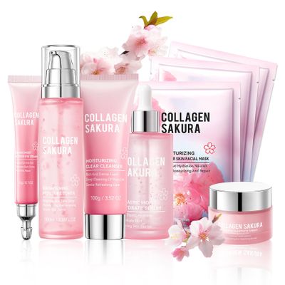 8PCS Sakura Skin Care Set,Moisturizing Skincare Kit with Face Cleanser,Facial Cream,Toner,Facial Serum,Face Masks and Eye Cream,Refreshing Hydrating Skin Care Gift Set for Women