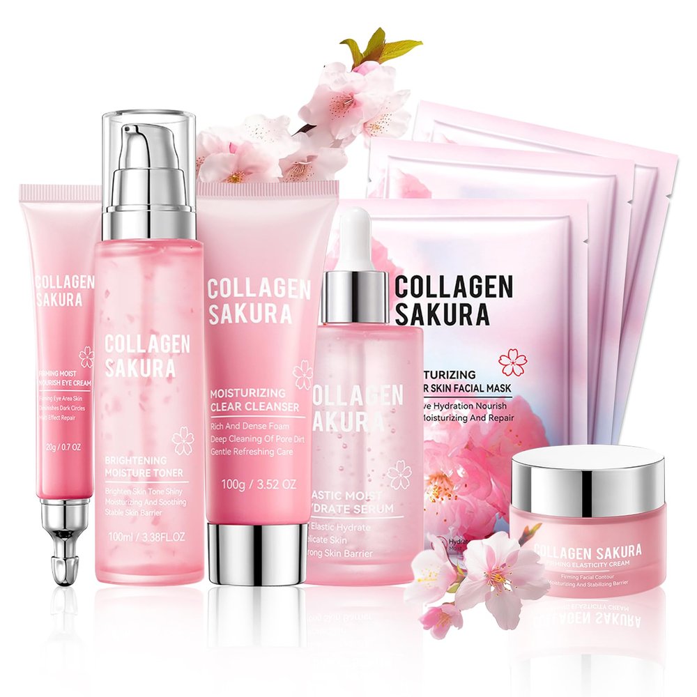 8PCS Sakura Skin Care Set,Moisturizing Skincare Kit with Face Cleanser,Facial Cream,Toner,Facial Serum,Face Masks and Eye Cream,Refreshing Hydrating Skin Care Gift Set for Women