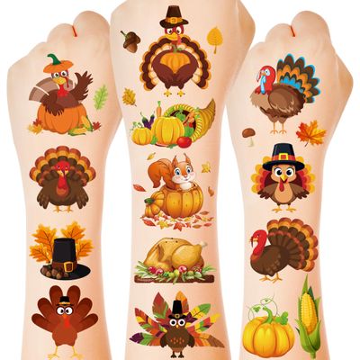 117PCS Thanksgiving Temporary Tattoos for Kids, 9 Sheets Thanksgiving Stickers Turkey Pumpkin Leaves Nuts Patterns, Fall Tattoos Stickers for Harvest Gathering Party Favors Accessories Decorations