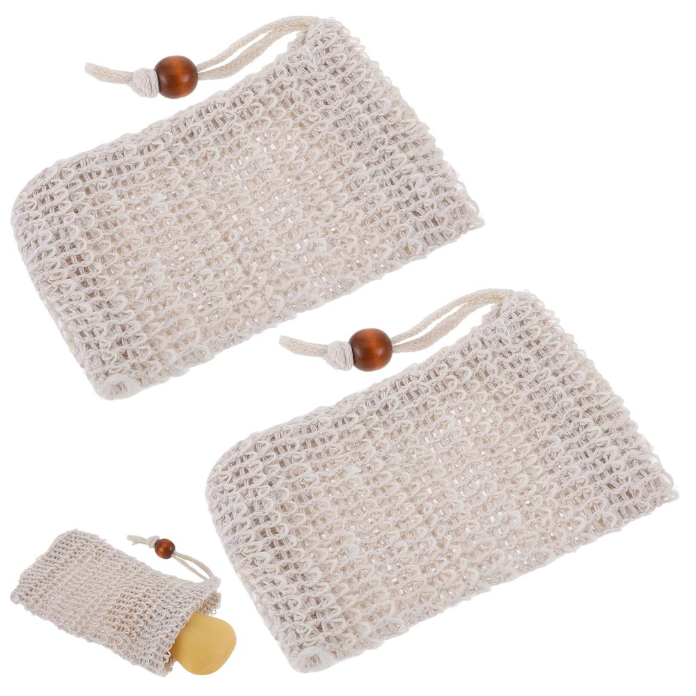 2PCS Soap Saver Bag, Sisal Exfoliating Soap Pouch, Natural Cotton-Linen Exfoliating Net Pouch with Drawstring, Foaming and Drying Exfoliating-Mesh Pouches for Bath and Shower (13x8.5cm, Beige)