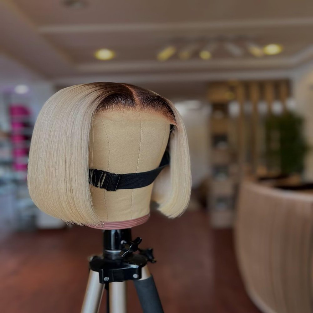 13X6 HD Transparent Lace Front Blonde Bob Straight Wig with Black Root 180% Density Full End Silky Blunt Cut Short Bob Ombre Blonde Wigs Baby Hair Bleached Knots Brazilian Remy Glueless Wig 8Inch
