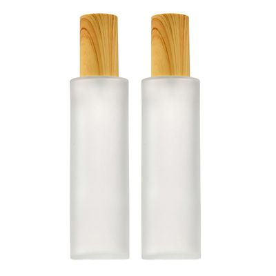 2Pcs 120ml/4oz Empty Transparent Frosted Glass Lotion Pump Bottles with Imitation Wood Grain Lid Refillable Soap Dispensers Cosmetic Travel Containers for Emulsion Essential Oil