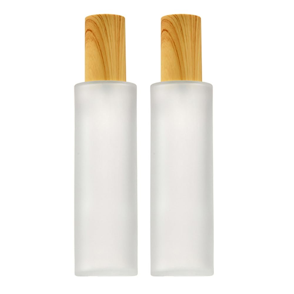 2Pcs 120ml/4oz Empty Transparent Frosted Glass Lotion Pump Bottles with Imitation Wood Grain Lid Refillable Soap Dispensers Cosmetic Travel Containers for Emulsion Essential Oil
