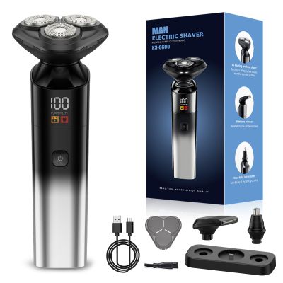 Electric Razor for Men, Rechargeable Electric Shaver for Men, Waterproof 3D Rotary Shaving, Wet/Dry Cordless 3-in-1 Electric Shaver with Beard Trimmer, Sideburn & Nose Hair Groomer