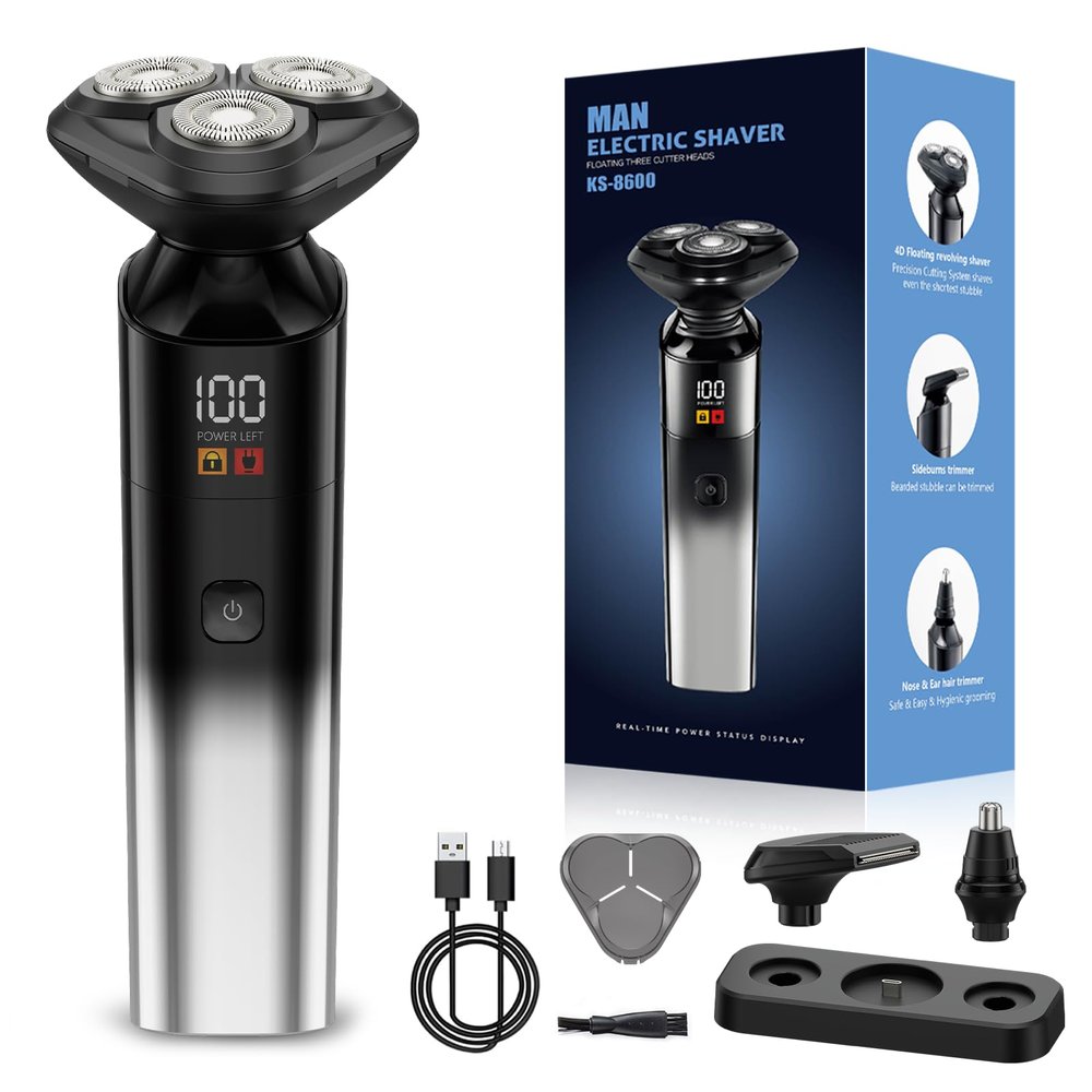 Electric Razor for Men, Rechargeable Electric Shaver for Men, Waterproof 3D Rotary Shaving, Wet/Dry Cordless 3-in-1 Electric Shaver with Beard Trimmer, Sideburn & Nose Hair Groomer