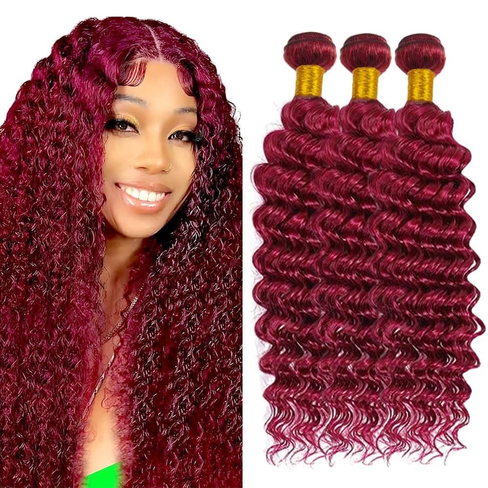 99j Burgundy Bundles Human Hair Deep Wave Bundles Human Hair 26 26 26 Inch Brazilian Hair 3 Bundle Wine Red Unprocessed Virgin Remy Hair Extensions 50 Gram Per Bundle