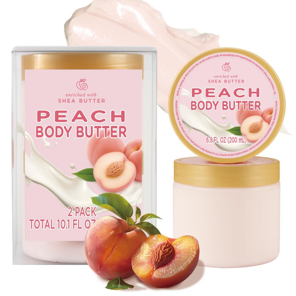 Embleaf Peach Body Butter, Shea Body Butter for Women Dry Skin, Natural Peach Lotion for Body Care Smell Good-3.4 floz+6.8 floz(100ml+200ml)