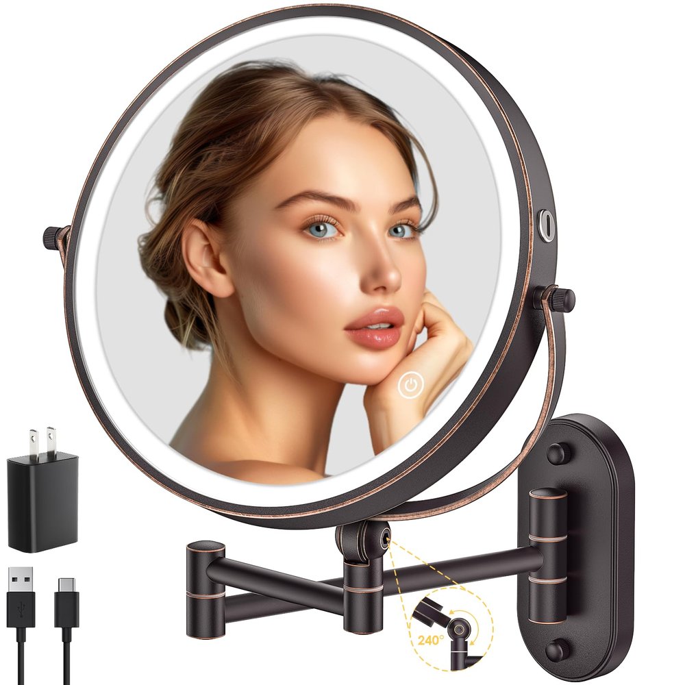 9" Wall Mounted Lighted Makeup Mirror,4000mAh Rechargeable Double Sided 1X/10X Magnifying Mirror with Light,3 Color Lights,Touch Dimmable,Extended Arm 360 Rotation Wall Mounted Makeup Mirror (Bronze)