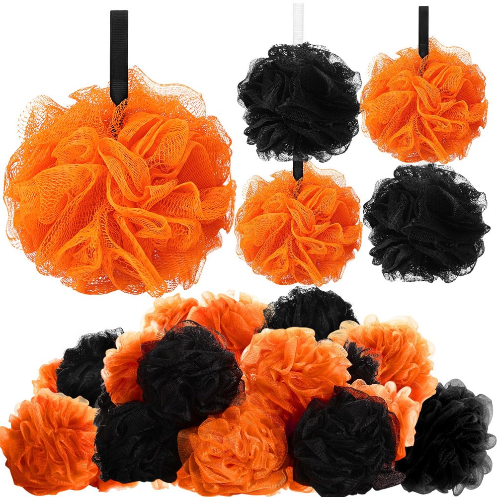 FuWeave 24 Pcs Winter Bath Loofah Sponge Blue Loofah Exfoliating Body Scrubber Shower Sponge 50g Mesh Pouf Balls Gift Set for Baby Shower Women Men Bathing Accessories(Orange,Black)