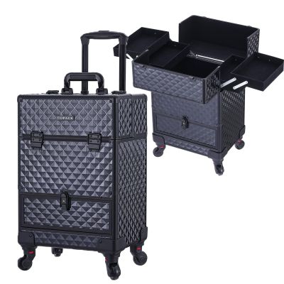 TOPACK Rolling Makeup Train Case,360Rotaing Wheel Aluminum Cosmetic Case with Trolley 4-Tray for Tattoo/Barber/Nail Tech Travel Cart Organizer 13.1 * 9.8 * 18.3in BLACK (BLACK)