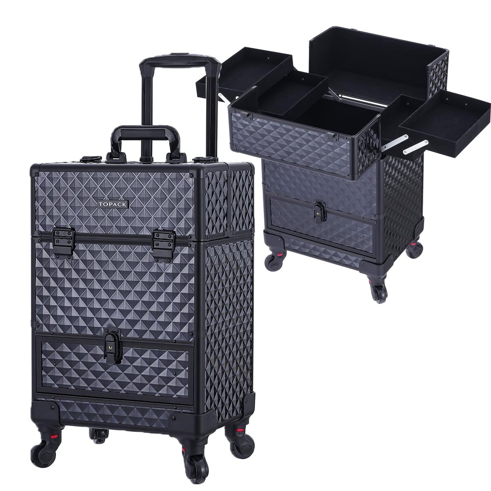 TOPACK Rolling Makeup Train Case,360Rotaing Wheel Aluminum Cosmetic Case with Trolley 4-Tray for Tattoo/Barber/Nail Tech Travel Cart Organizer 13.1 * 9.8 * 18.3in BLACK (BLACK)