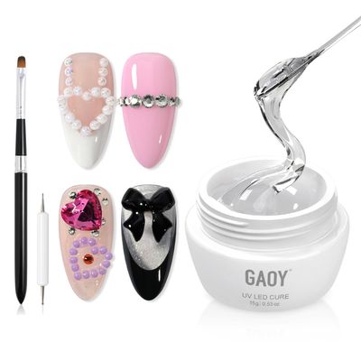 GAOY Nail Rhinestone Glue Gel 15ml, Super Strong UV Nail Glue with Brush and Double-Ended Dotting Pen for Gems, Charms, Diamonds & Jewels, UV Light Cure