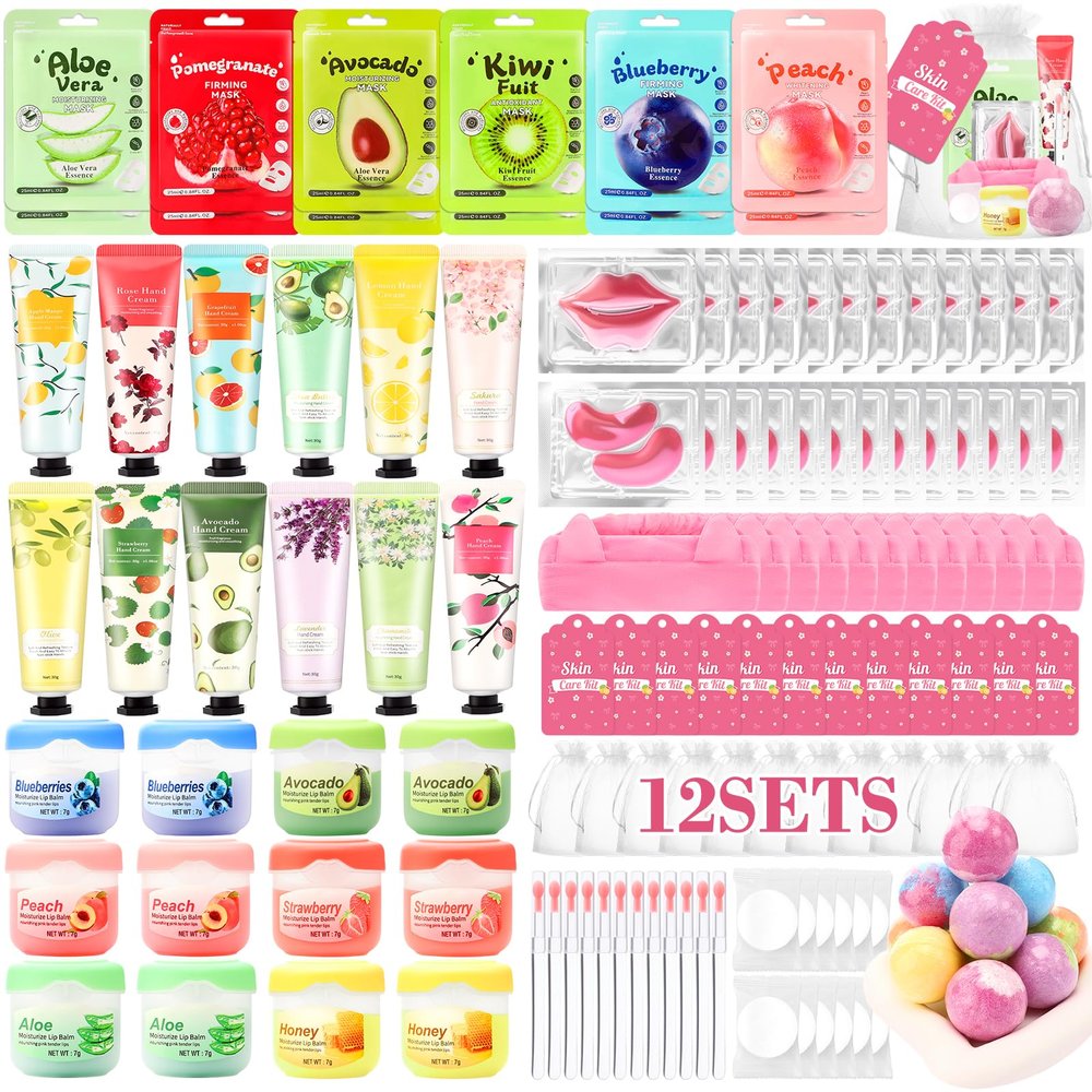 132 PCS Spa Party Supplies, Spa Party Favors Include Face Masks Skincare, Hand Cream, Lip Balm, Under Eye Patches, Lip Mask and Foot Bath Bombs, Spa Birthday Sleepover Party Supplies