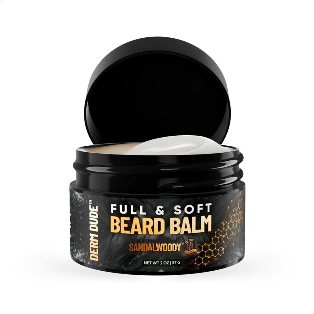Derm Dude Full and Soft Beard Balm for Men Conditioning Balm with Natural Oils for Growth, Softness & Styling Tames Frizz, Hydrates Skin Non-Greasy - SandalWoody, 2oz