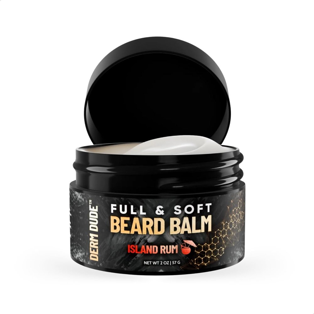 Derm Dude Full and Soft Beard Balm for Men  Conditioning Balm with Natural Oils for Growth, Softness & Styling  Tames Frizz, Hydrates Skin  Non-Greasy - Island Rum, 2oz