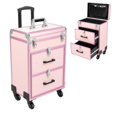 Rolling Makeup Train Case, Large Travel Cosmetic Organizer Case with Wheels, Professional Makeup Travel Suitcase, Aluminum Cosmetic Cart with Drawers for Hairstylist Manicure Salon Barber, Pink