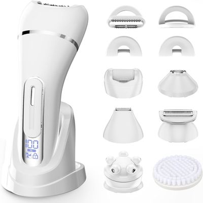 7-in-1 Bikini Trimmer for Women - Painless Electric Razors for Silk Skin, Body Hair Trimmer for Face Legs Underarms, Waterproof Wet & Dry Rechargeable Lady Shaver with USB Dock, IPX7, White