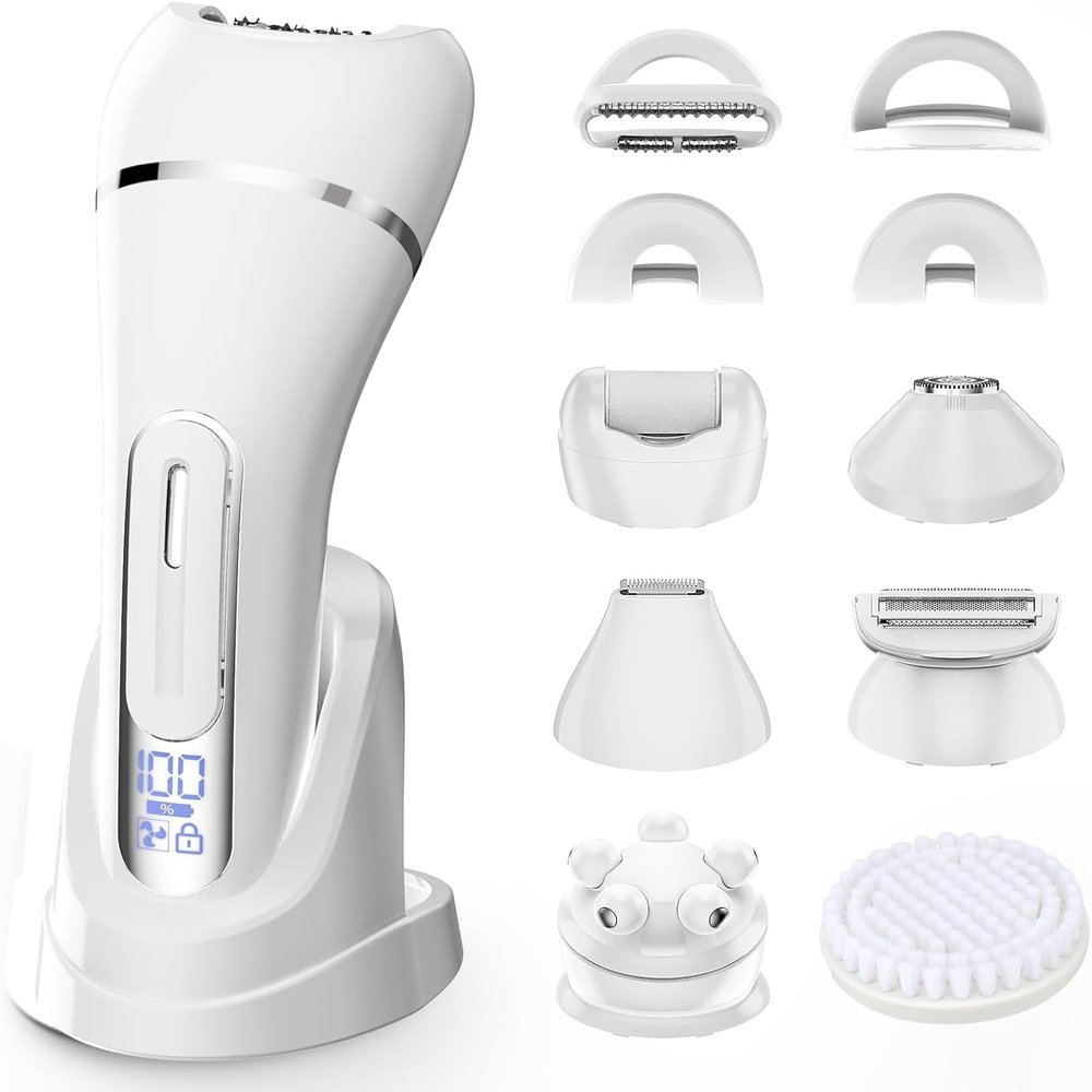 7-in-1 Bikini Trimmer for Women - Painless Electric Razors for Silk Skin, Body Hair Trimmer for Face Legs Underarms, Waterproof Wet & Dry Rechargeable Lady Shaver with USB Dock, IPX7, White